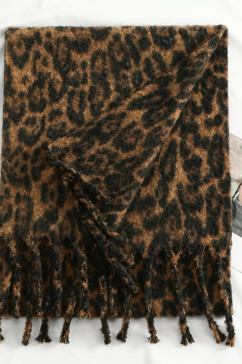 Faux Cashmere Leopard Print Thick Fringed Scarf