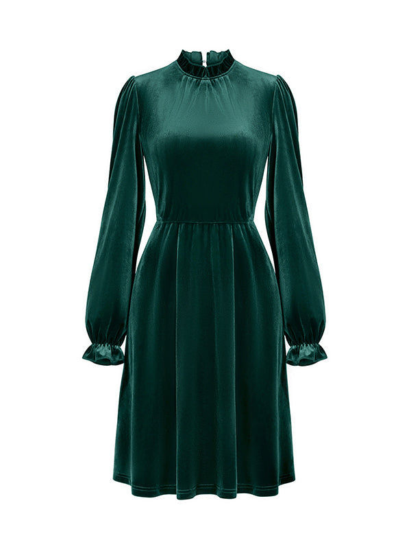 A-Line High Waisted Hollow Ruffled Solid Color Velvet Mock Neck Mini Dresses