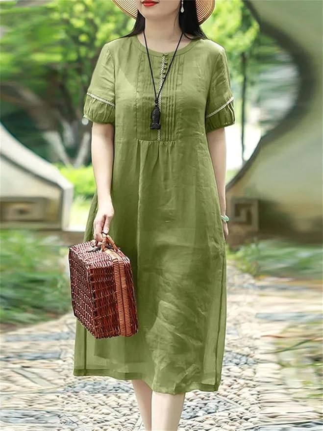 Linen Look Pintuck Embroidered Trim Round Neck Empire Midi Dress