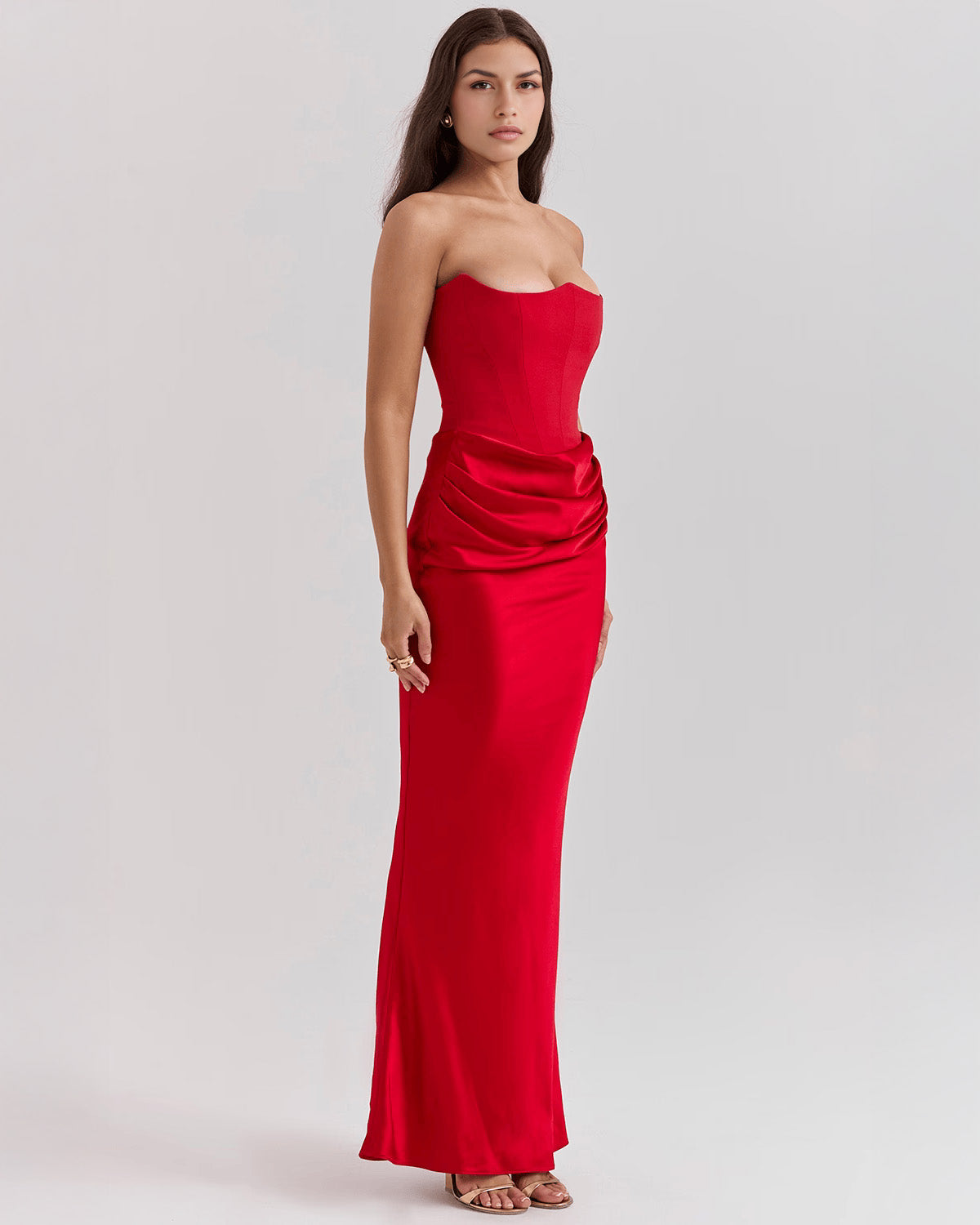 Strapless Pointed Sweetheart Corset Bodice Draped Hip Column Maxi Gown