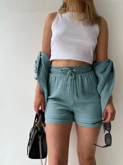 Long-sleeved Shirt And High-waisted Drawstring Shorts Casual Two-piece Set