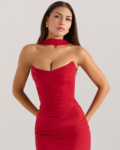 Strapless Corset Ruched Mesh Overlay Mermaid Maxi Dress with Neck Scarf