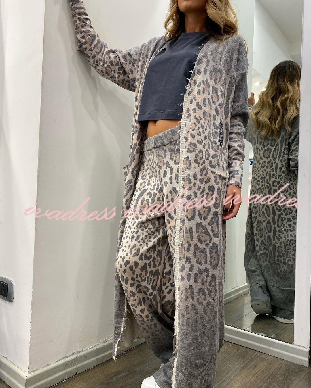 Comfort first Leopard Print Pocket Long Sleeve Cardigan Elastic Waist Pants Set