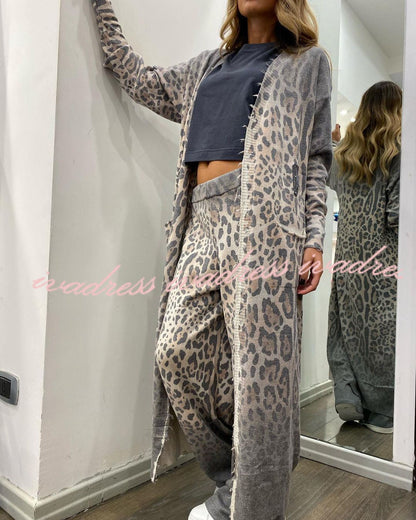 Comfort first Leopard Print Pocket Long Sleeve Cardigan Elastic Waist Pants Set