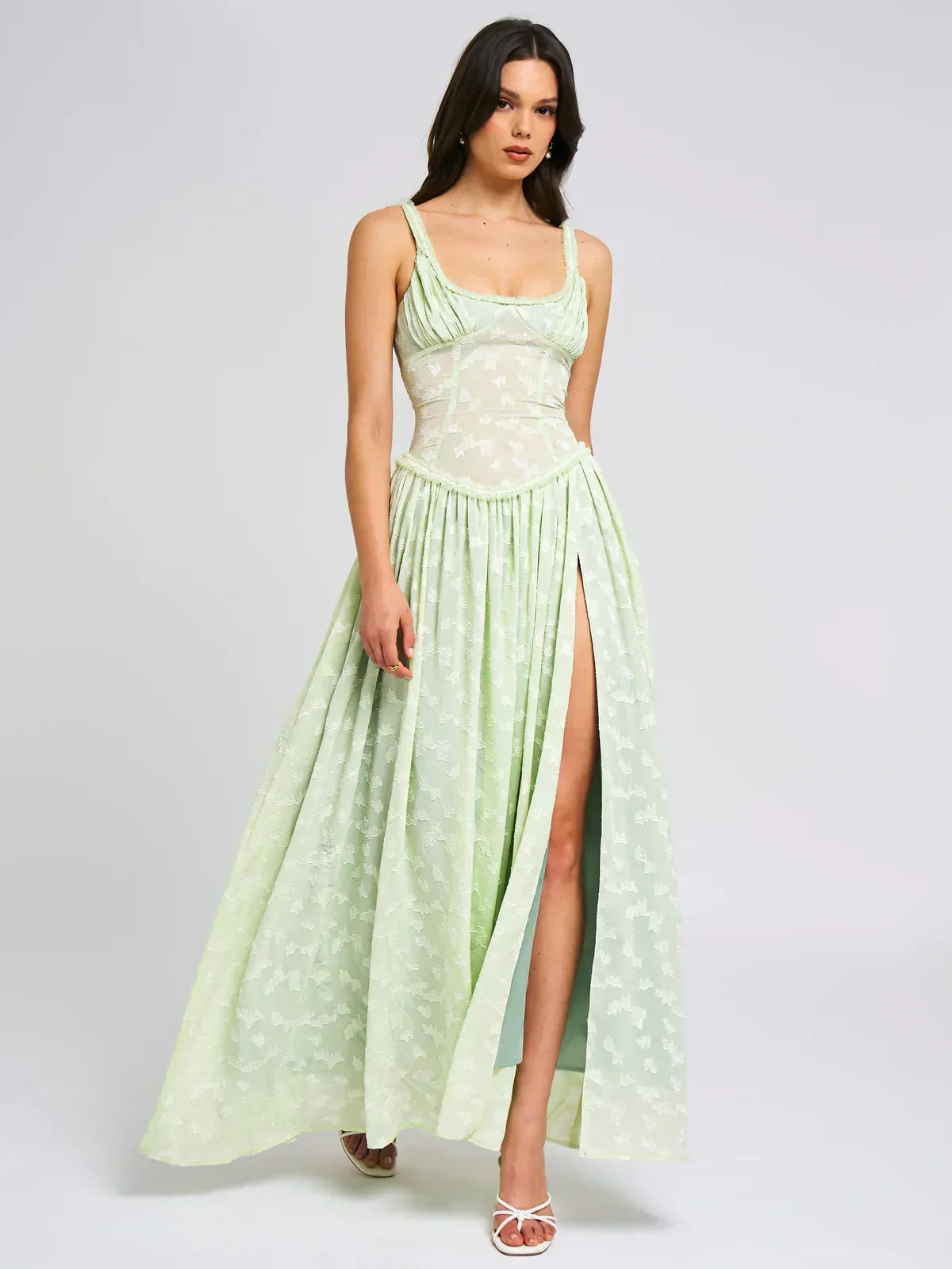 Sweetheart Ruffle Trim Corset Pleated High Slit Abstract Print Maxi Dress