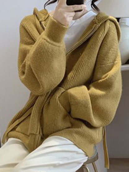 Solid Hooded Zip Up Knit Cardigan