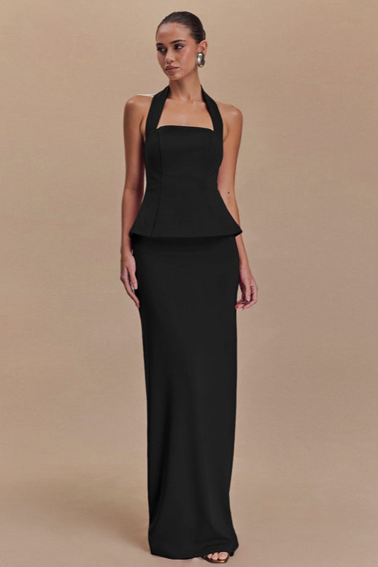 Square Neck Halter Peplum Top Column Maxi Skirt Set