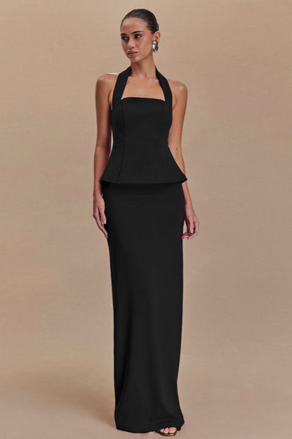 Square Neck Halter Peplum Top Column Maxi Skirt Set