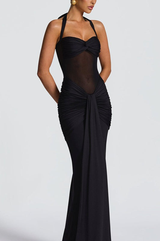 Halter Sweetheart Ruched Mesh Panel Cutout Front Drape Maxi Dress