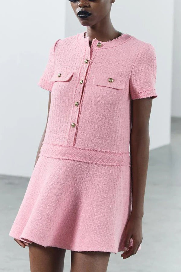 Metal Button Short Sleeve Round Neck Tweed Fit-and-Flare Mini Dress