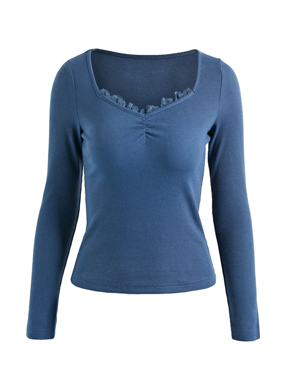 Lace Trim Black Long Sleeve Knit Top