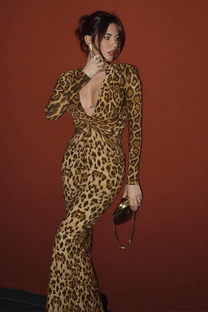 Print Plunging V-Neck Knot Front Long Sleeve Maxi Dress