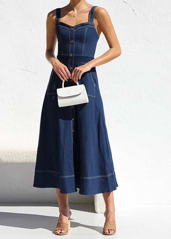 Denim Sweetheart Neck Button Front Patch Pocket A-Line Midi Dress