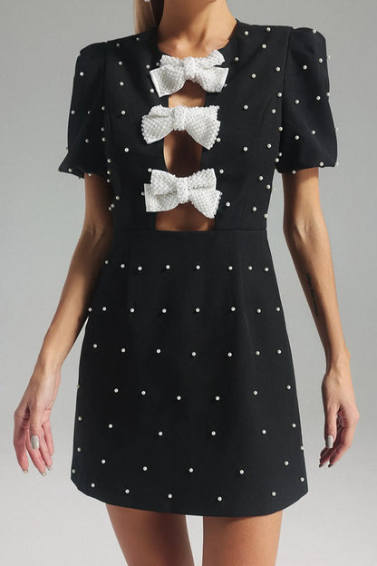 Crew Neck Pearl Stud Bow Front Keyhole Mini Dress