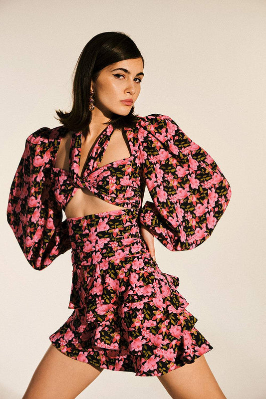Floral Pleated Ruffle Cut-Out Mini Dress