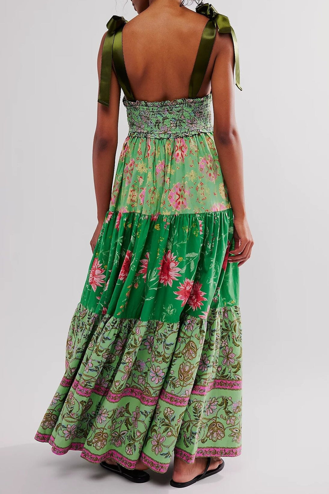Smocked Sweetheart Neck Tie Shoulder Tiered Floral Paisley Maxi Dress
