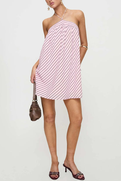 Striped Print Sleeveless Halter Neck Loose Vacation Mini Dress