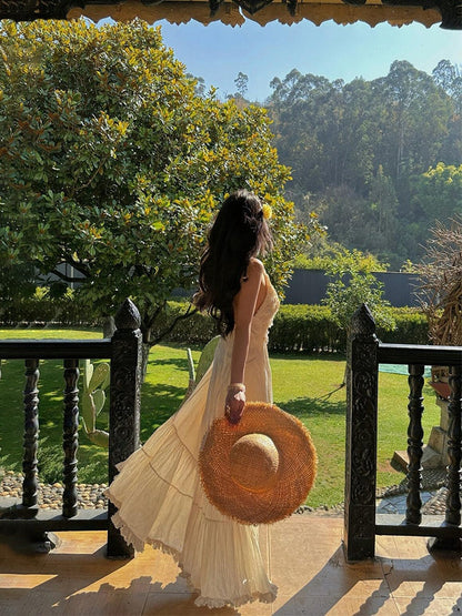 French Halter V-Neck Backless Maxi Dress – Elegant Beach Vacation Sundress