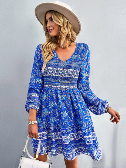 Boho Dress V-Neck Lantern Sleeves Floral Beach Mini Dresses