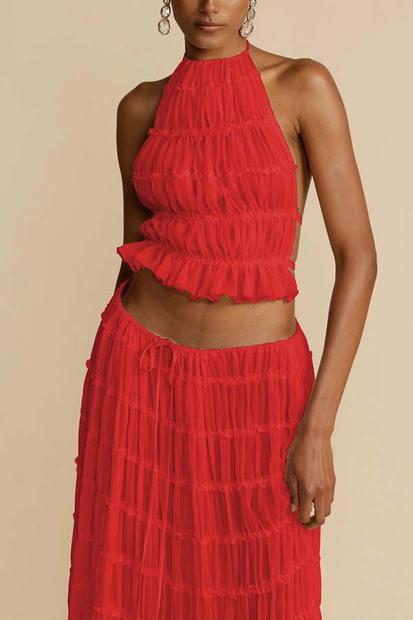 Versatility and Vintage Charm Pleated Drawstring Waist Tiered Maxi Skirt