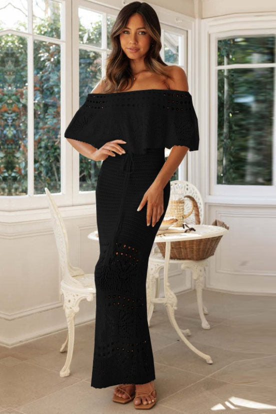 Crochet Off Shoulder Ruffle Flounce Drawstring Waist Knit Maxi Dress
