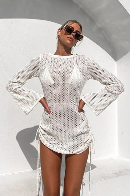 Crochet Open-Knit Bell Sleeve Drawstring Side Mini Dress