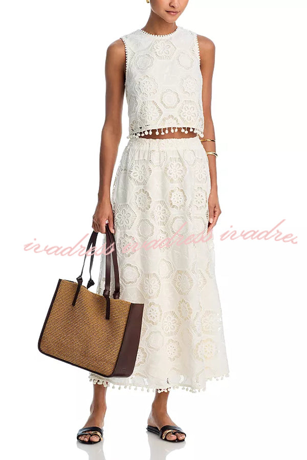 Nice Try Embroidered Crochet Lace Tassle Trim Crop Tank Top