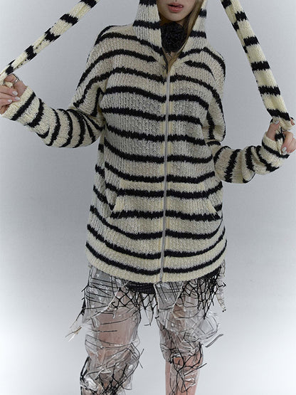 Rabbit Ear Styling Hooded Stripe Cardigan