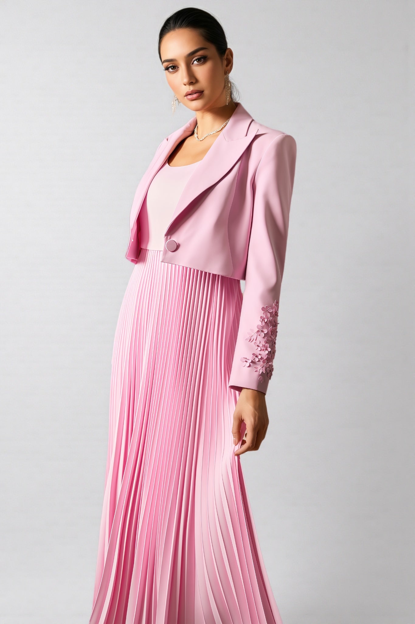 Zelda Floral Cuff Blazer Pleated Maxi Dress Set