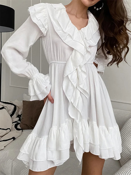 Tossy White Ruffled Mini Dress Women’s Patchwork Fashion Bandage High Waist Elegant Party Dress Slim Loose Autumn 2024 Dress New