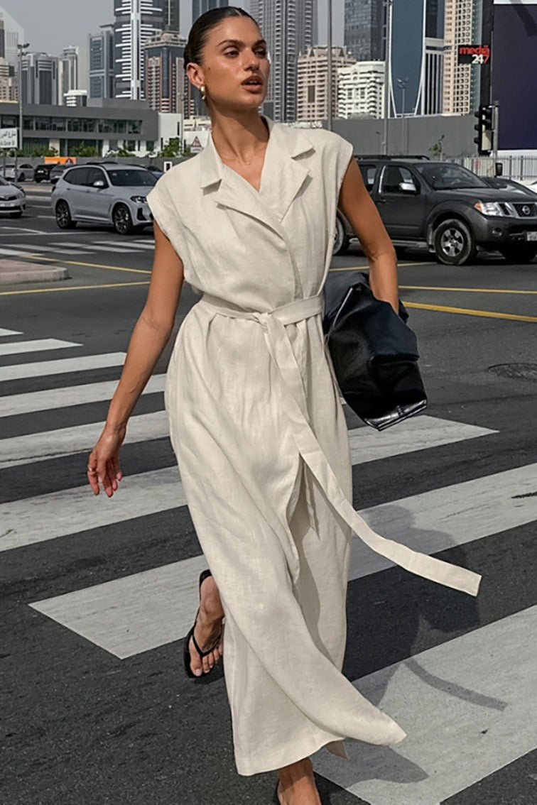 | Linen Cotton High Waist Slit Maxi Dress