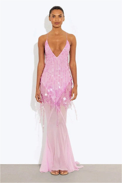 | Sequin V Neck Maxi Dress