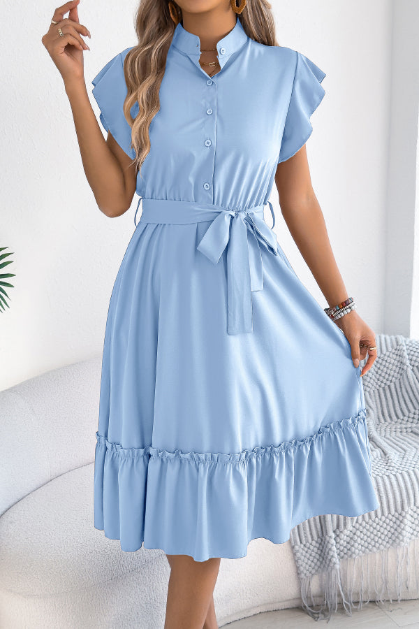 Solid Color Stand Collar Button Waist Tie Casual Midi Dress