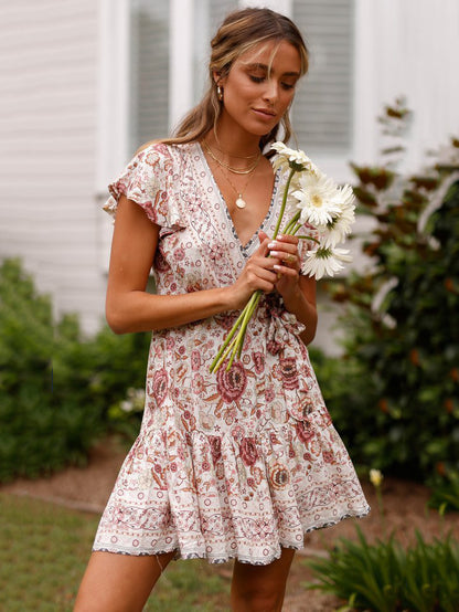 Floral Summer Dresses V Neck Short Sleeve Shaping Mini Dress