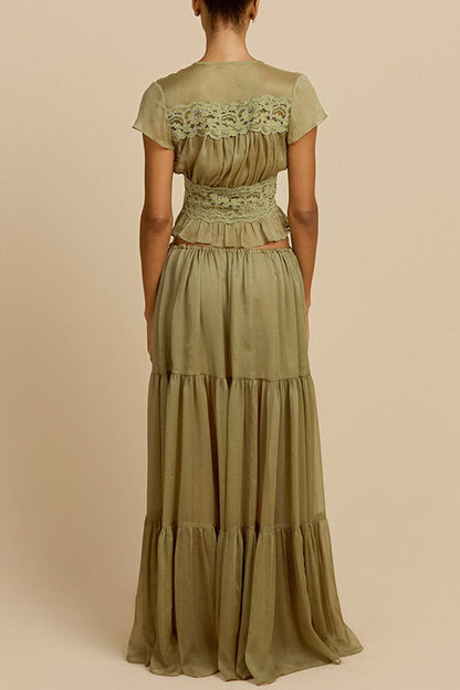 Sabrina Chiffon Lace Trim Button Up Short Sleeve Ruffle Plung Blouse