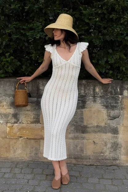 | Ruffle V Neck Knit Maxi Dress