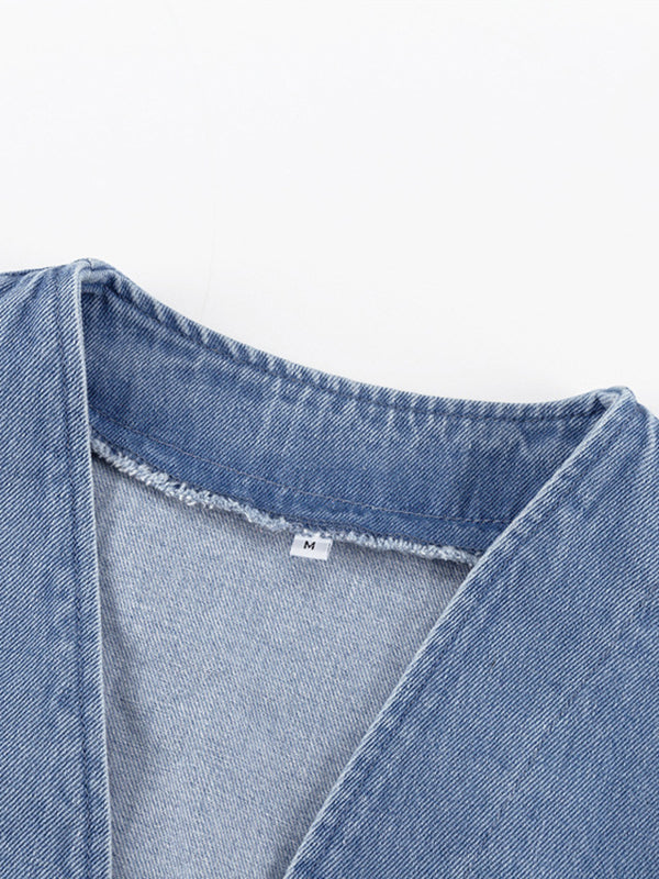 Long Sleeves Loose Split-Joint Tied Waist V-Neck Denim Mini Dresses