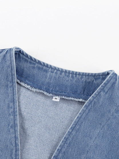 Long Sleeves Loose Split-Joint Tied Waist V-Neck Denim Mini Dresses