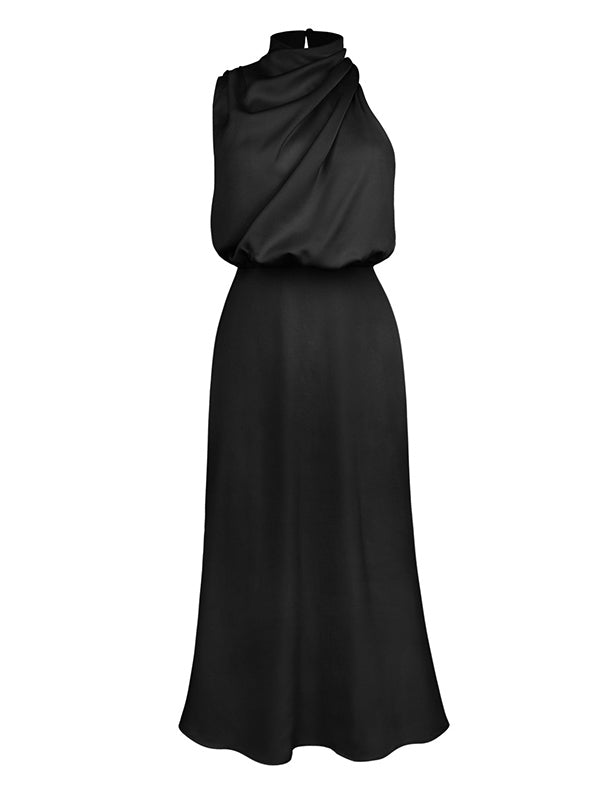 Sleeveless Solid Color Halter-Neck Midi Dresses