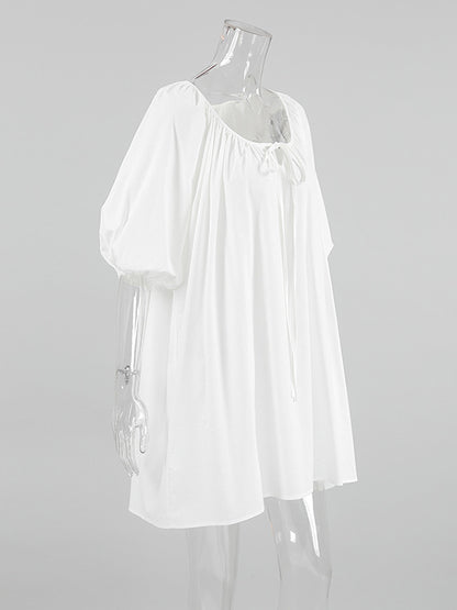 Loose Puff Sleeves Lace-Up Pleated See-Through Solid Color V-Neck Mini Dresses Sleep Dress