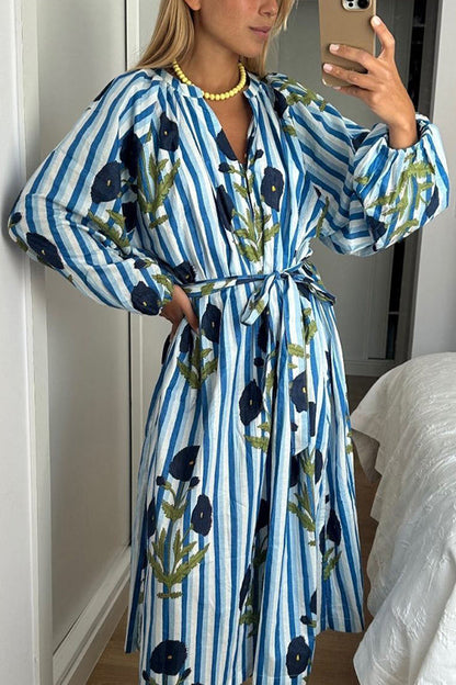 Lara Linen Blend Floral Stripe Print Button Up Belt Pocketed Kaftan Midi Dress