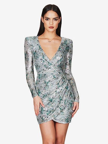 Faux Wrap Dress Printed V-Neck Long Sleeves Sexy Party Sheath Mini Dresses