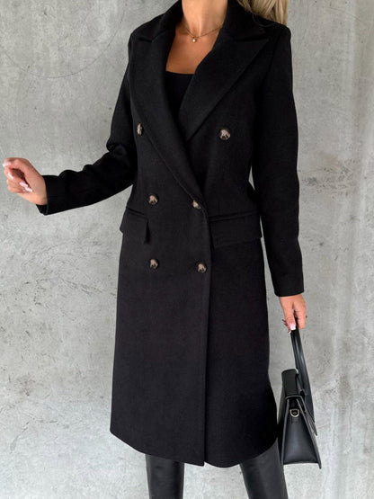 Long Sleeves, Lapel, Solid Color, Double-breasted, Slim Fit Coats