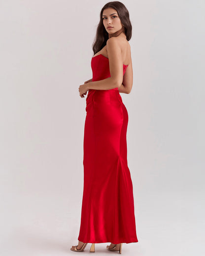 Strapless Pointed Sweetheart Corset Bodice Draped Hip Column Maxi Gown