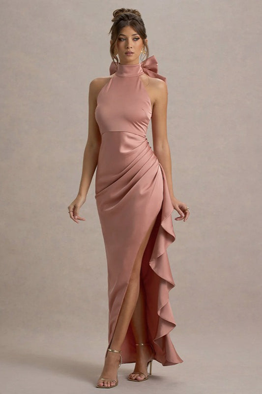 High-Neck Lace Slit Party Dress