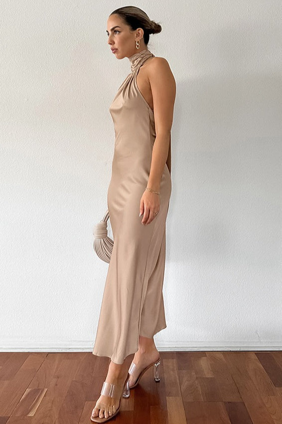 Halter Neck Ruched Collar Satin Column Maxi Dress