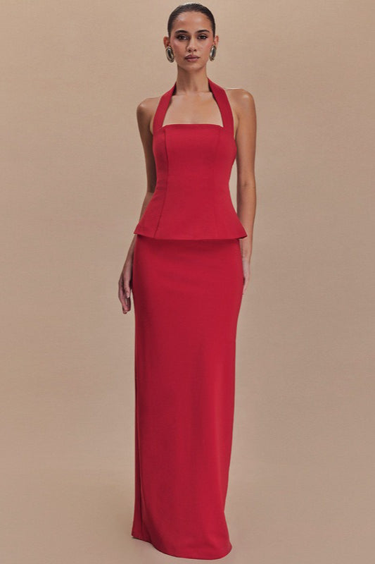 Square Neck Halter Peplum Top Column Maxi Skirt Set