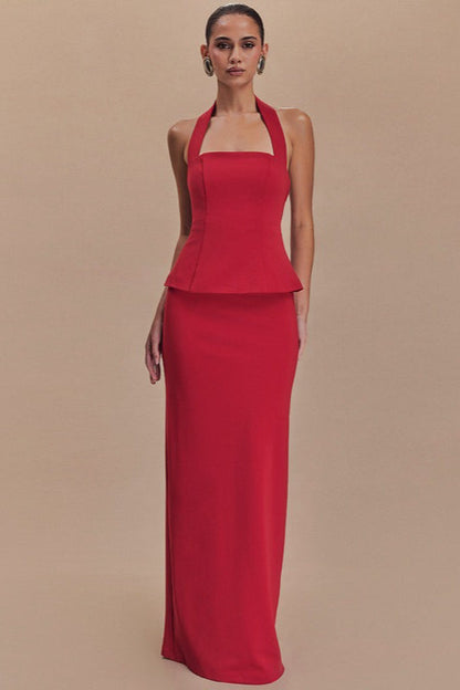 Square Neck Halter Peplum Top Column Maxi Skirt Set