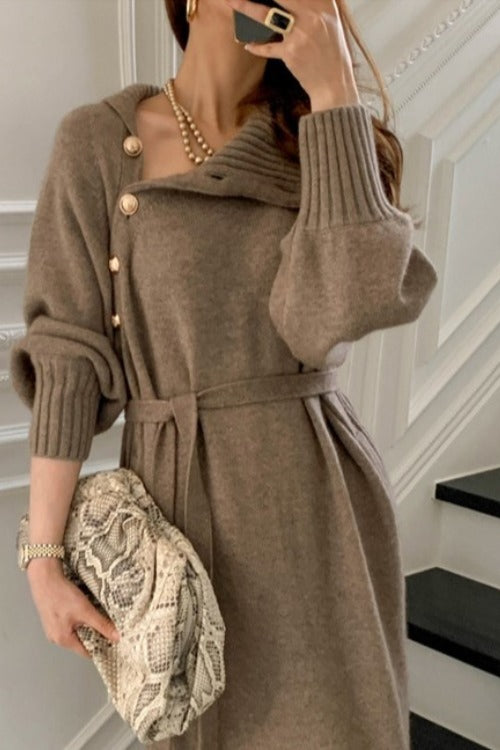 Tie Waist Knit Turtleneck Long Sweater Dress