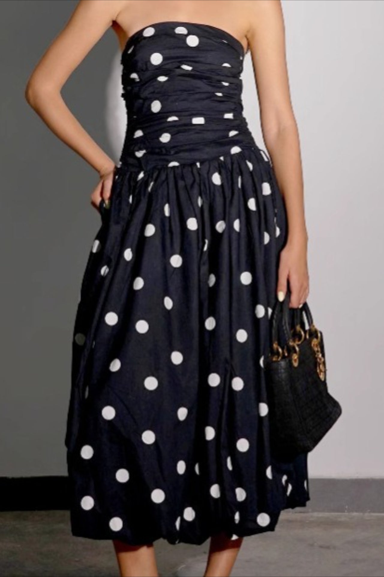 Strapless Ruched Bubble Hem Polka Dot Bodycon Midi Dress